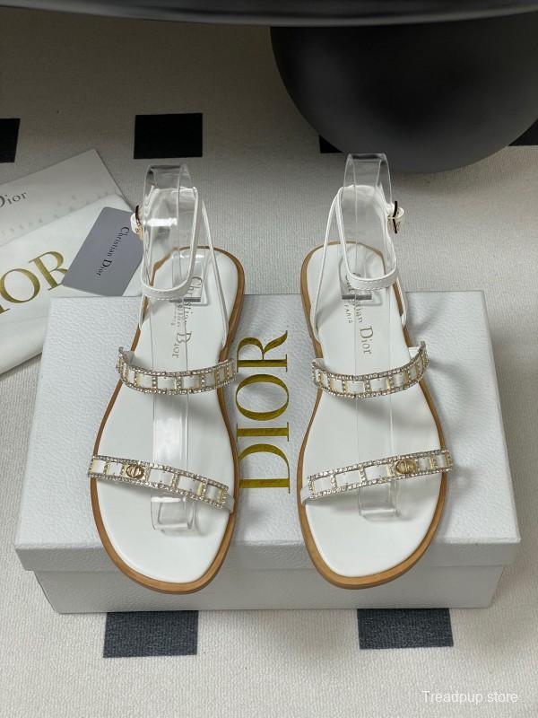 2025 Women Dior White Leather Flat Sandals Crystal Embellishment