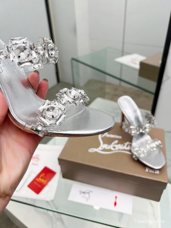 2025 Women Christian Louboutin Silver Leather High Heel Sandals Diamond Decoration LY00300