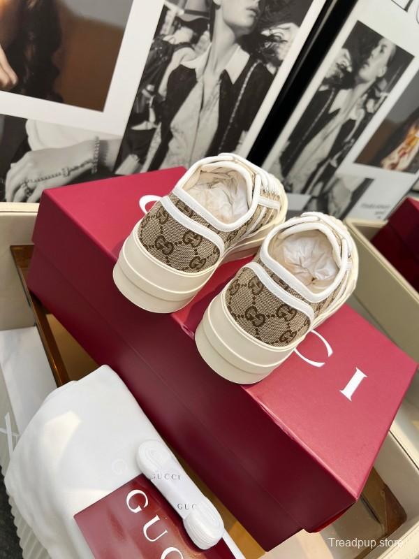 2025 Women Gucci Beige Brown Canvas Platform Sneakers Non-heritage Layered Stitching LY00270