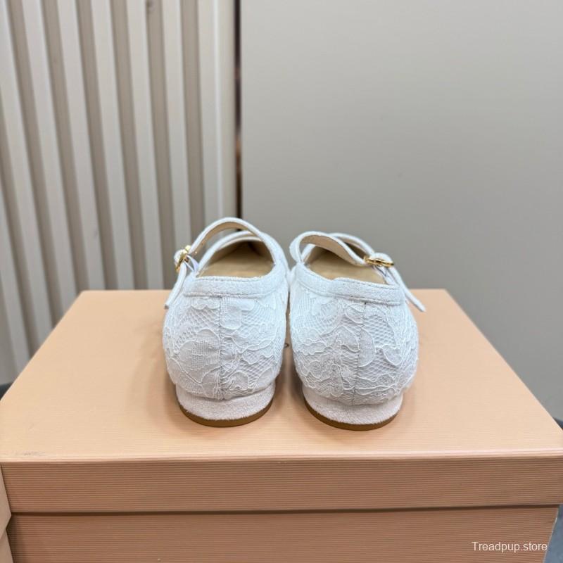 2025 Women Gianvito Rossi White Lace Leather Low Heel Ballerina KFY00260