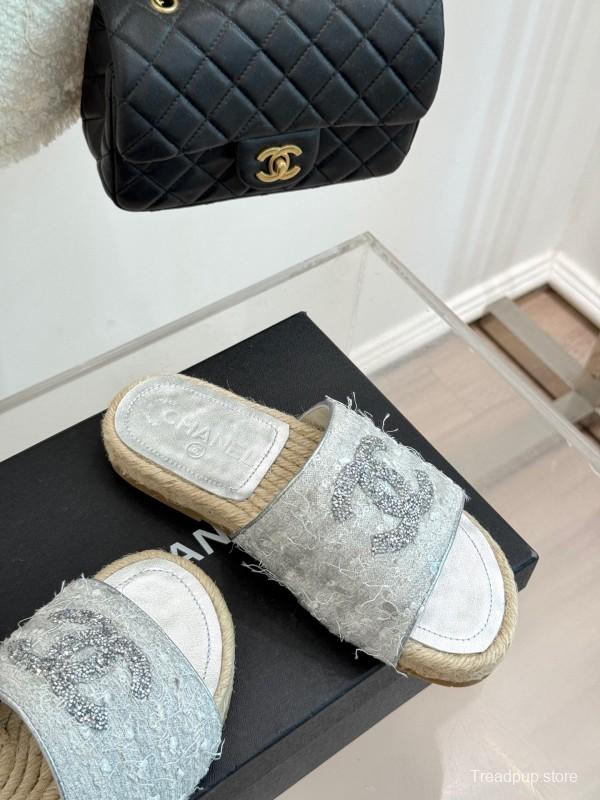2025/Women Chanel White Lace Espadrille Slides Handmade Craft KFY00240(F)