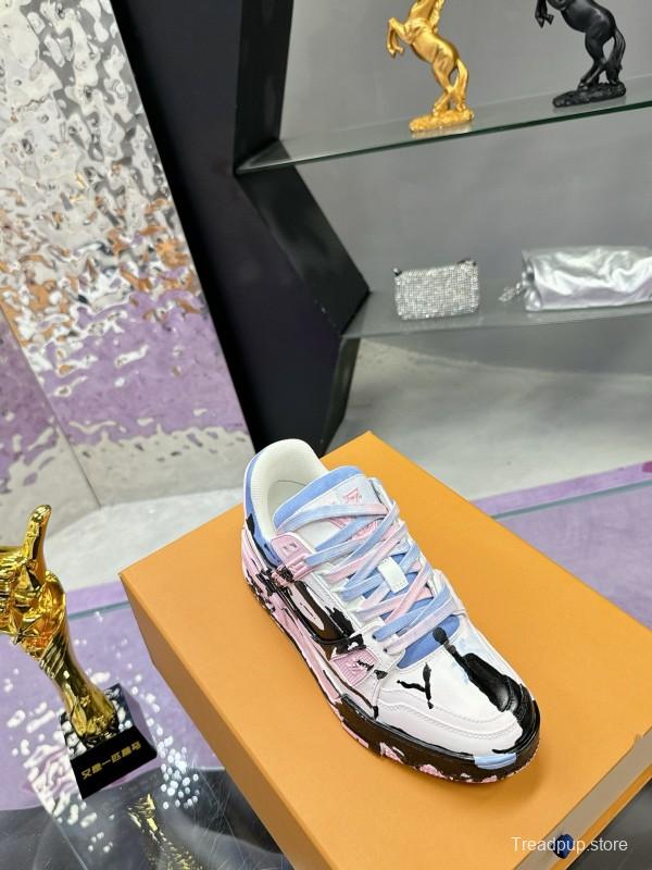 2024 Unisex Louis Vuitton Pink Blue Black Leather Denim Plimsolls Hand-Painted MJ00780