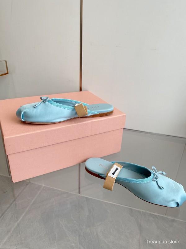 2025 Women Miu Miu Light Blue Satin Slip-On Ballet Flats KFY00280