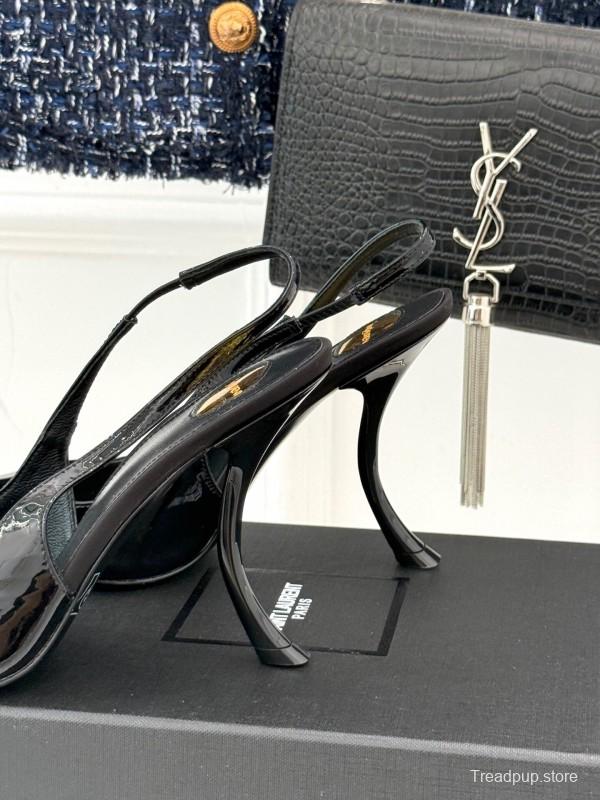 2025 Women YSL Black Patent Leather High Heel Slingback KFY00290