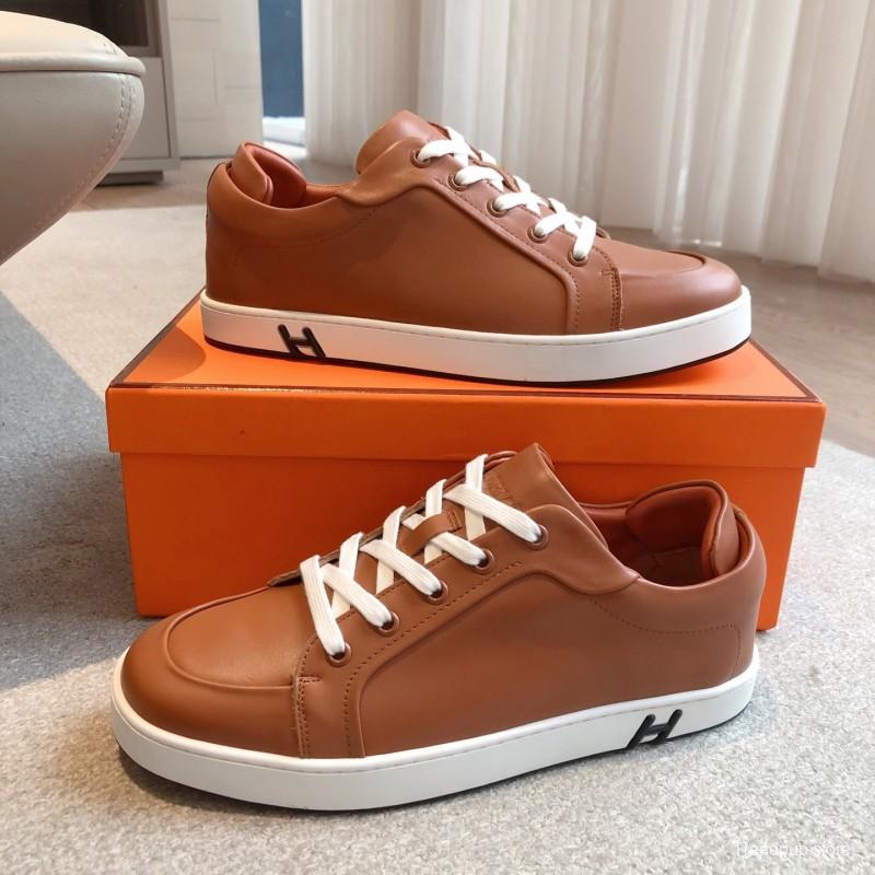 2025 Men Hermès Brown White Leather Sneakers AS00380