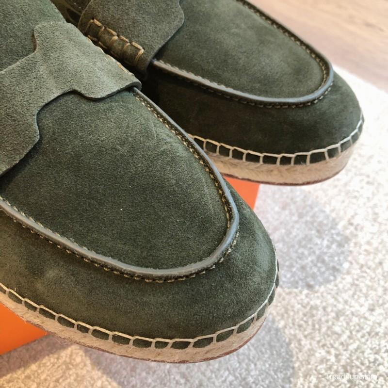 2025 Unisex Hermès Dark Green Suede Leather Loafers AS00380