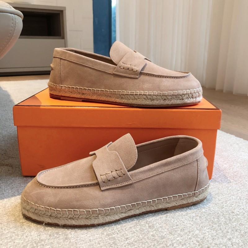2025 Unisex Hermès Beige Suede Calfskin Loafers AS00380