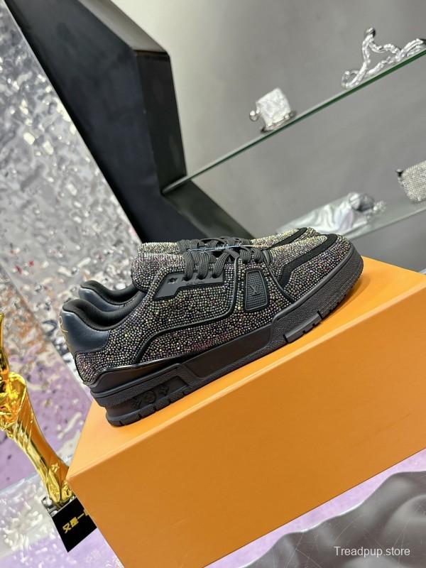 2025 Unisex Louis Vuitton Black Handmade Rhinestone Leather Fabric Plimsolls LV Trainer AS00400