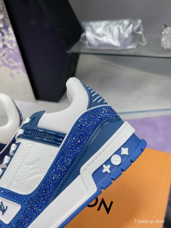 2025 Unisex Louis Vuitton Blue White Leather Plimsolls Handcrafted Beaded AS00400