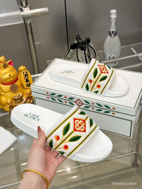 2025 Men CASA BLANCA White Green Red Embroidered Leather Slippers KFY00160