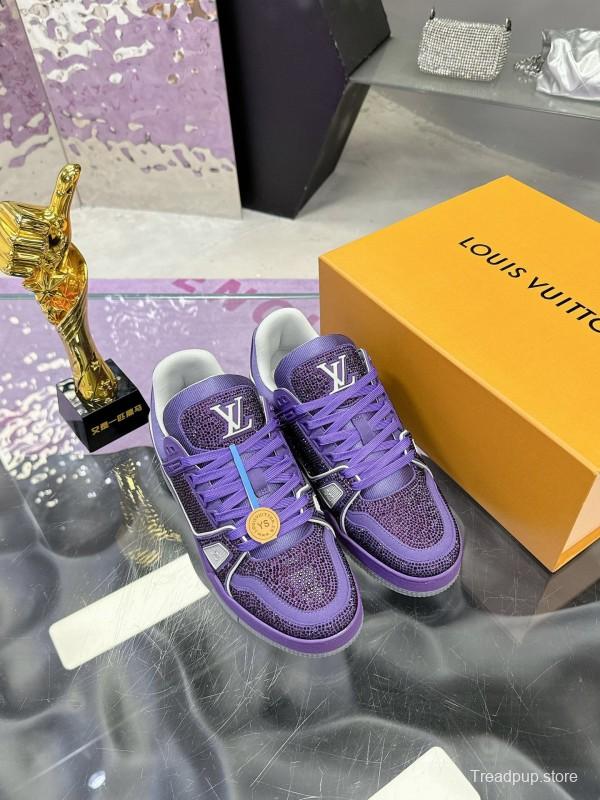 2025 Women Louis Vuitton Purple Blue Leather Plimsolls Handcrafted Rhinestone AS00400