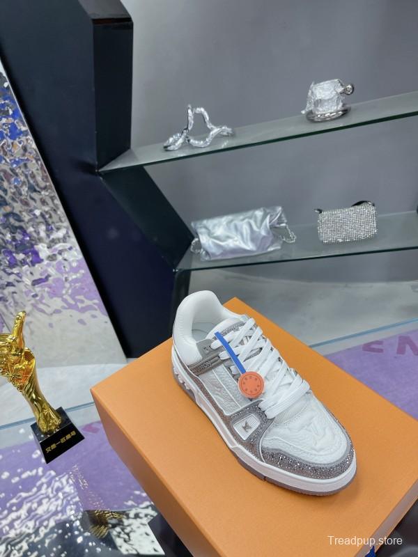 2025 Unisex Louis Vuitton White Silver Leather Fabric Plimsolls Handcrafted Crystals AS00400