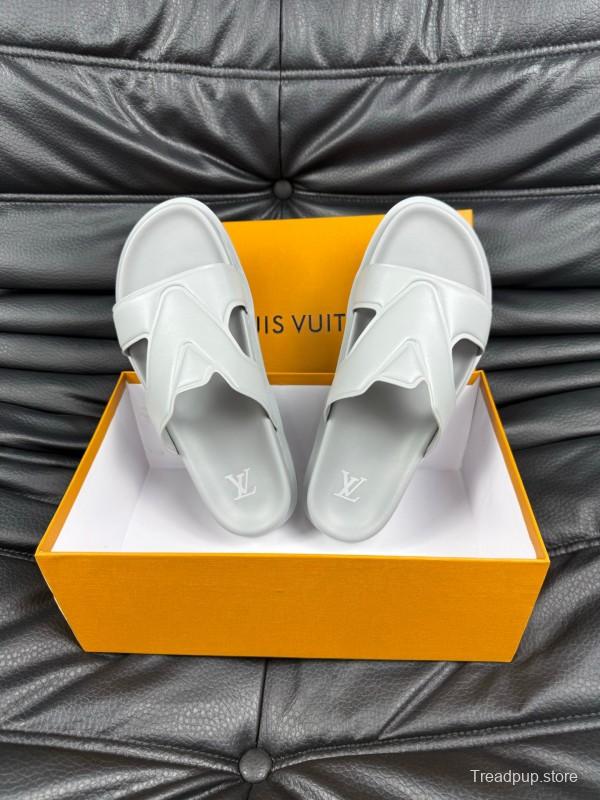 2025 Men Louis Vuitton White Leather Slippers AS00180