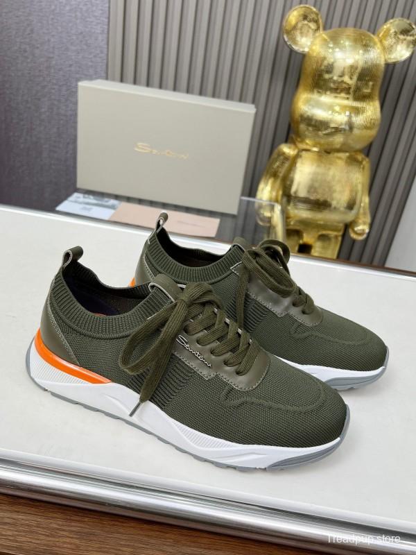 2025 Unisex Santoni Military Green Orange Wool Blend Knit Sneakers AS00320