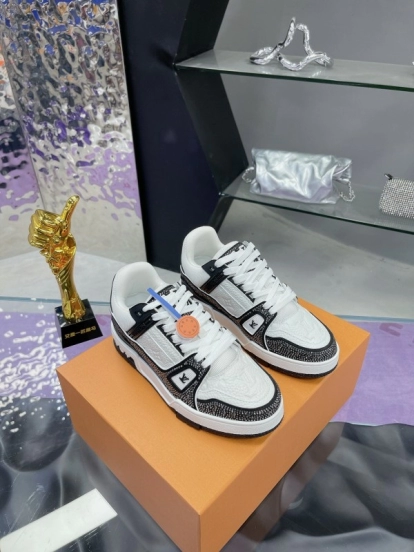 2025 Unisex Louis Vuitton White Black Leather Fabric Plimsolls Handcrafted Rhinestones AS00400