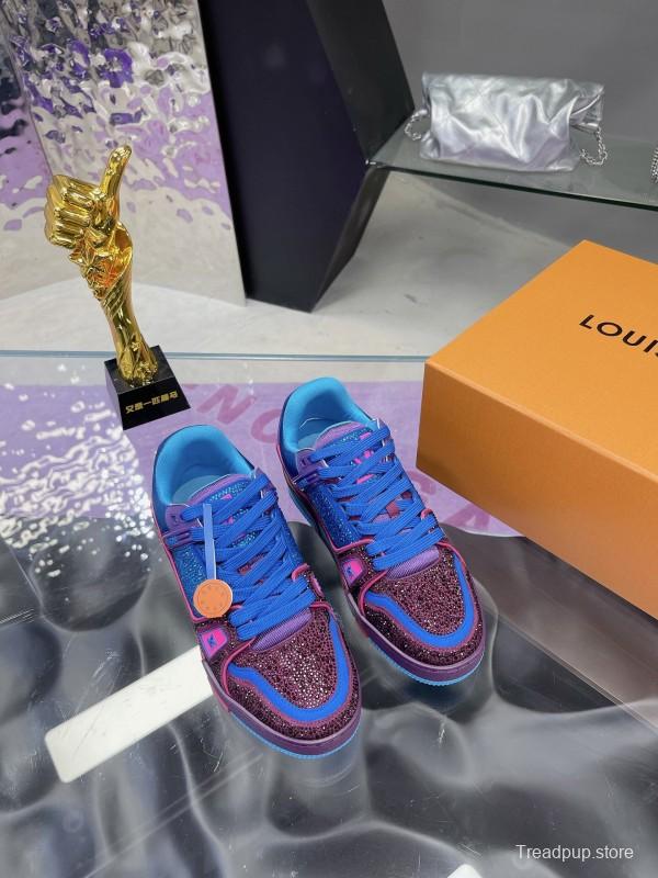 2025 Women Louis Vuitton Blue Purple Leather Fabric Plimsolls Handcrafted Rhinestones AS00400