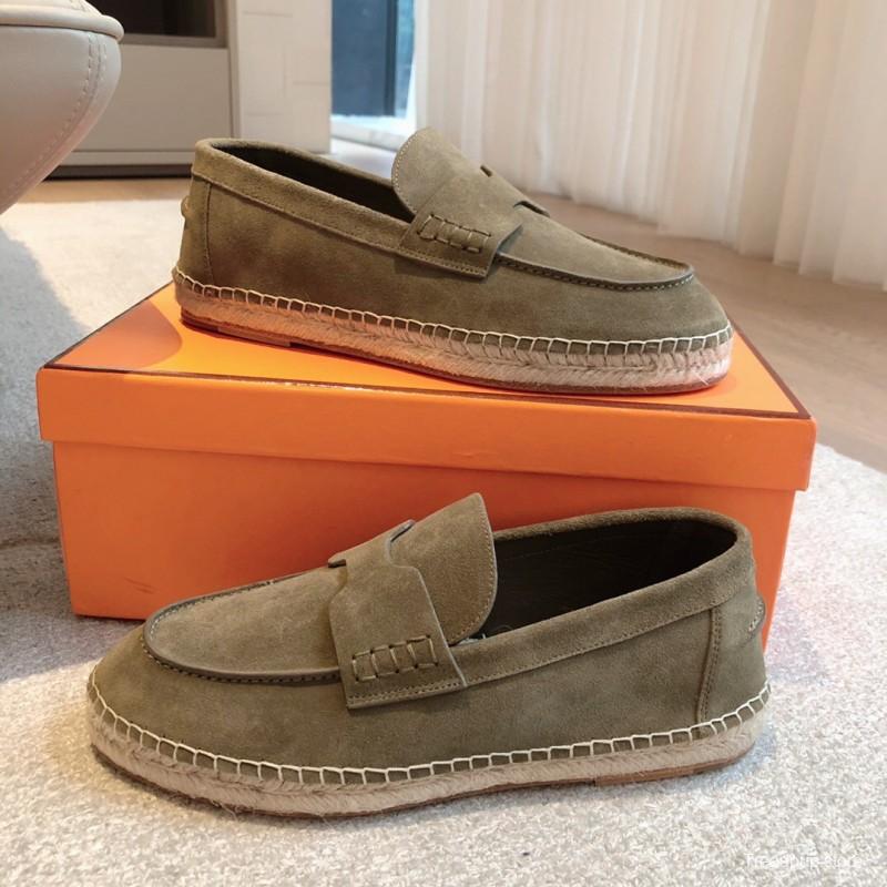 2025 Unisex Hermès Olive Suede Calfskin Loafers AS00380