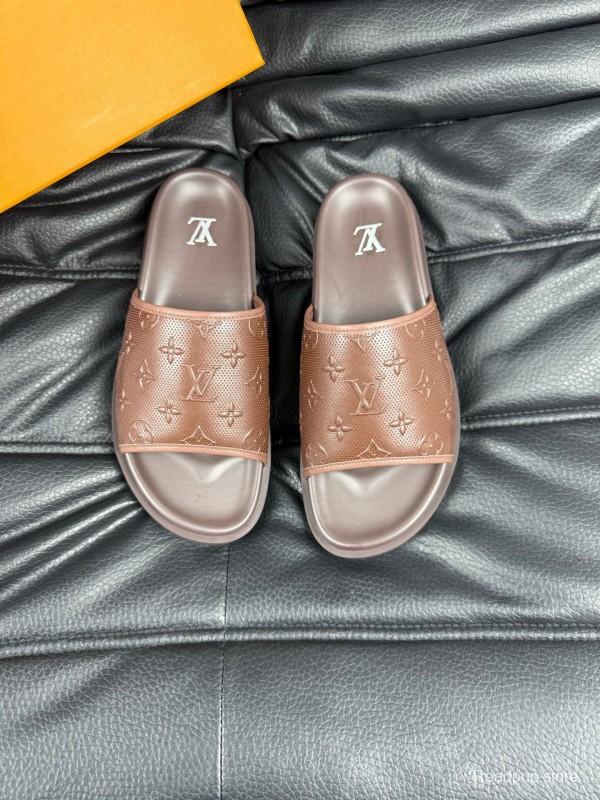 2025 Men Louis Vuitton Brown Leather Slippers AS00170