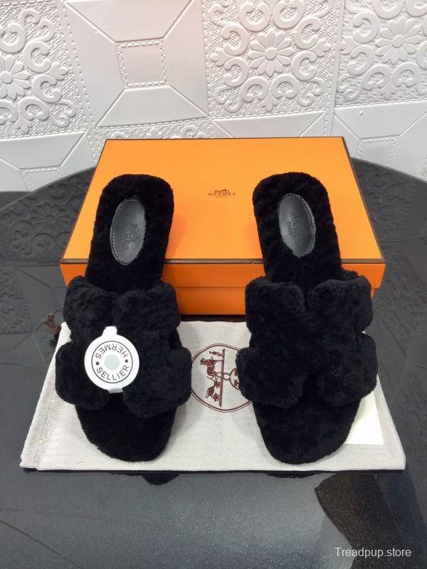 H Teddie Wool H Slippers Flat Sole Fur Slides - LY00240