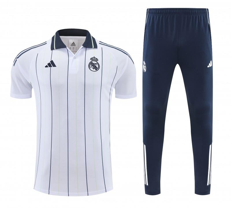26/27   Real Madrid White Stripes Polo Training Shirt + Long Pants Tracksuit