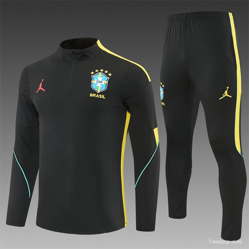 2026 Brazil Black & Yellow Half Zipper Jacket Tracksuit + Long Pants