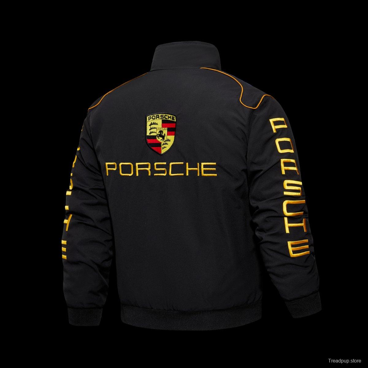 2026 F1 Porsche Motorsport Black Racing Jacket with Gold Lettering and Crest Badge