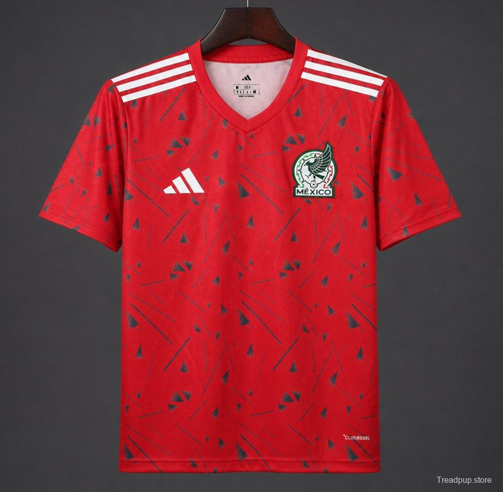 2026 Mexico Red Soccer Jersey with Green Geometric Triangles and Stripe
